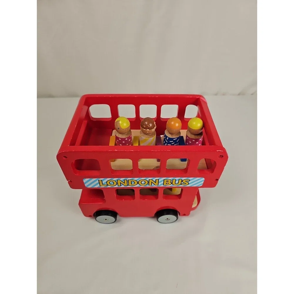 Wooden London Double Decker Bus Toy w 7 Peg People Red Pretend Play